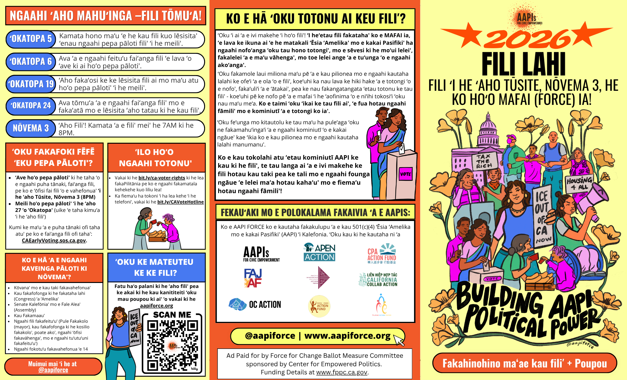 A colorful flyer promoting civic engagement and voting, with illustrations of diverse people holding signs and participating in a rally, surrounded by flowers and political symbols, and text in a language that appears to be Tahitian.