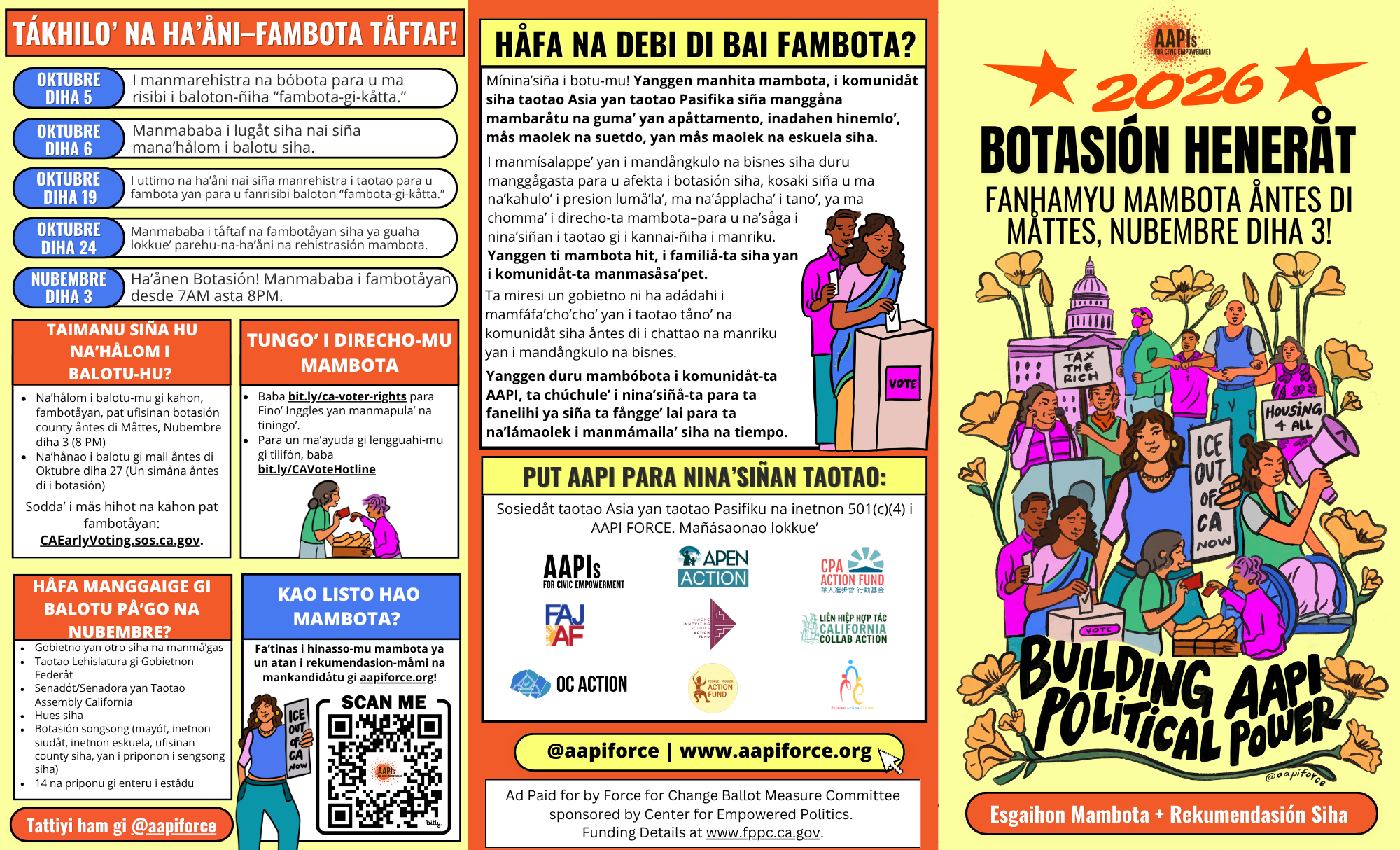 An illustrated flyer promoting civic activism and political engagement, featuring diverse people protesting with signs such as 'Tax the Rich,' 'Housing for All,' and 'Ice Out of CA.' The flyer includes information about voting, voting deadlines, and ways to support civic empowerment in October and November 2023.