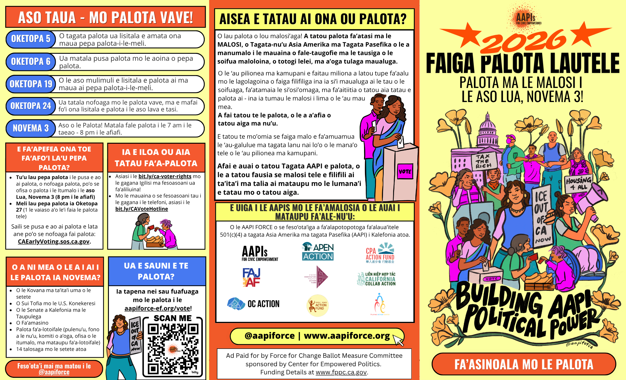 Colorful flyer promoting civic engagement and voting, with illustrations of diverse people protesting with signs that read 'VOTE,' 'ICE OUT OF CA,' and 'BUILDING AAPI POLITICAL POWER,' surrounded by flowers and a government building, emphasizing community participation and political activism.