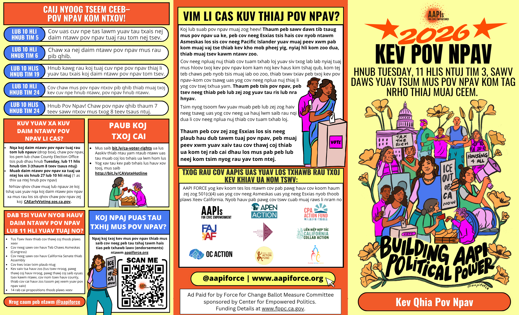 A colorful pamphlet promoting civic engagement in 2026, featuring illustrations of diverse people holding signs that read "Tax the Rich," "Housing for All," and "Ice Out of CA Now." The pamphlet includes information about voting deadlines, how to vote, and contact details for organizations supporting voting rights and political empowerment, with logos of various advocacy groups and a QR code for additional resources.