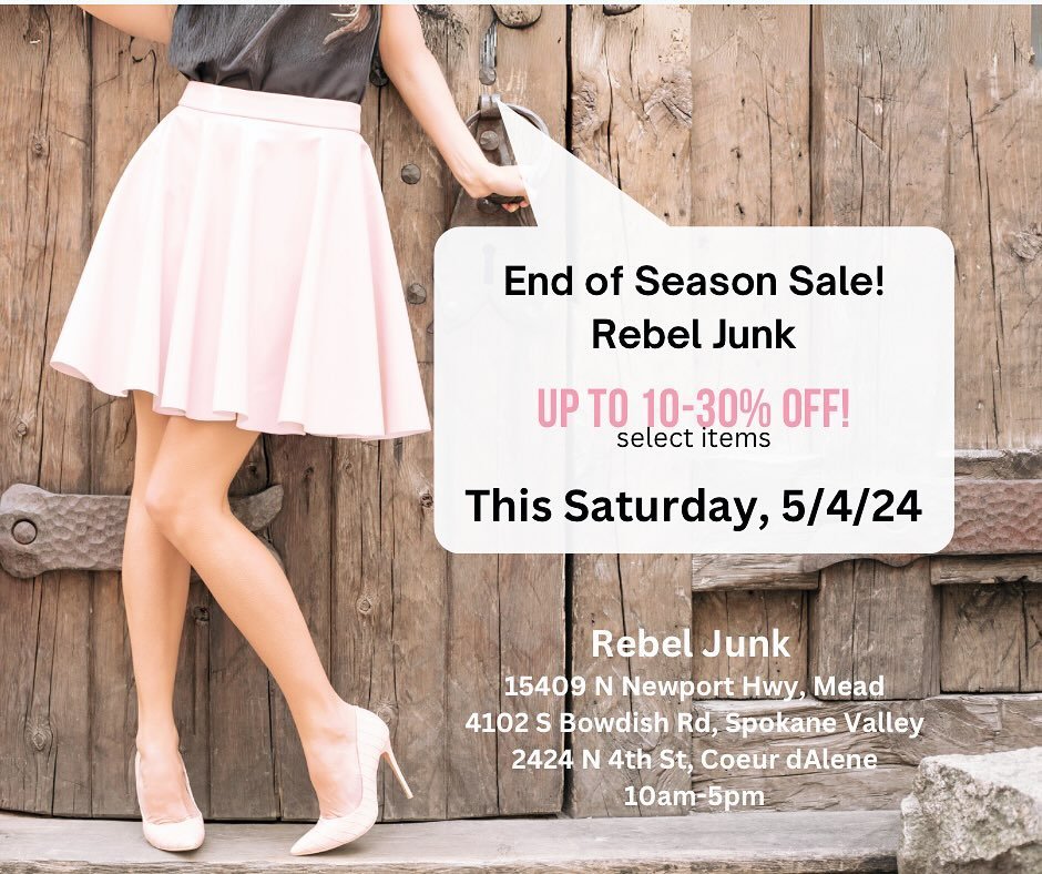 Who&rsquo;s ready for an End of Season Sale?! 🙋&zwj;♀️

We are set to have a 1 Day clearance sale at all 3 Rebel Junk Shoppes this Saturday! 
We will be marking down some items to make way for Sun shining ☀️ Summer Merchandise that will be arriving 