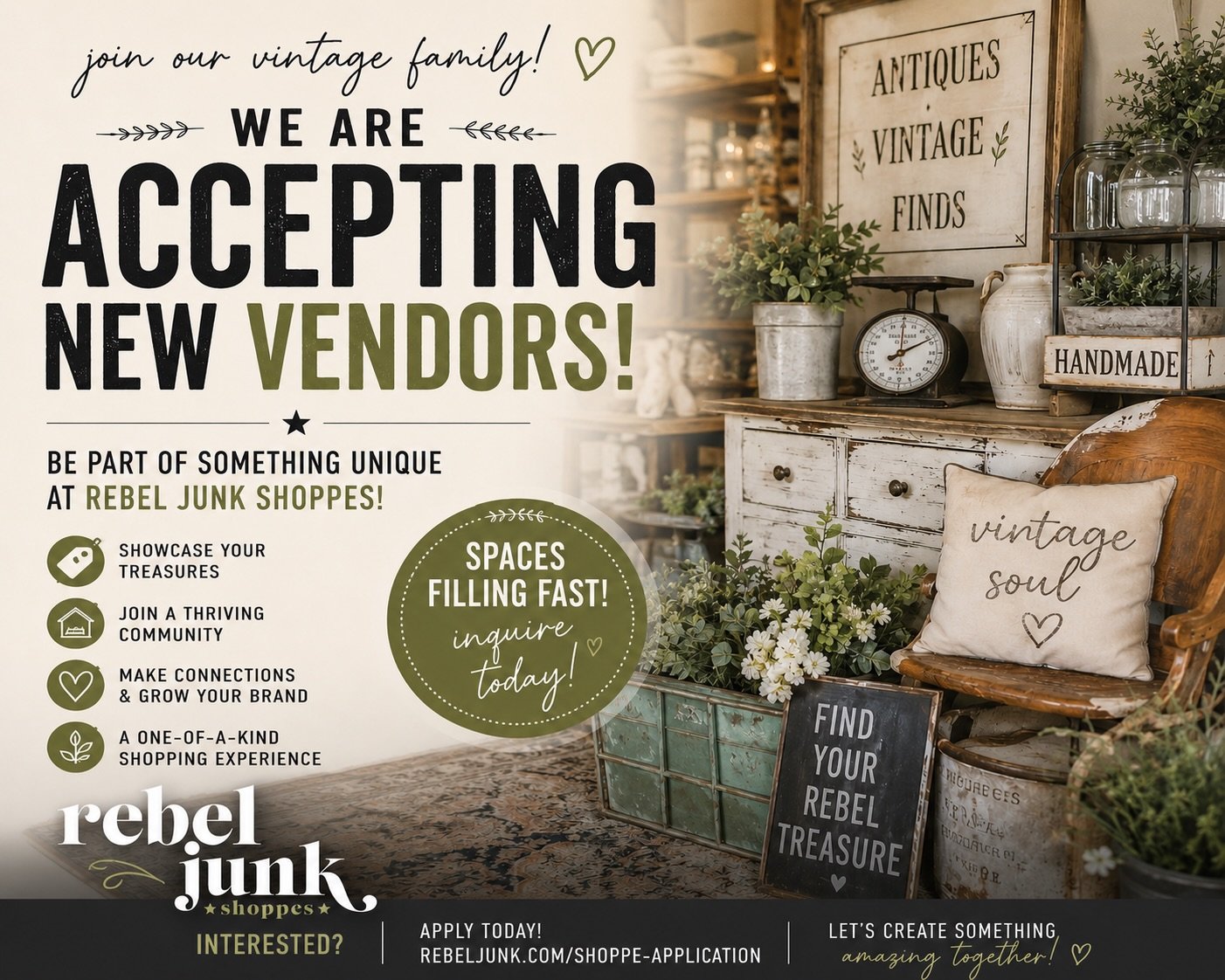 ✨ WE&rsquo;RE ACCEPTING NEW VENDORS ✨

Do you create, curate, collect, or repurpose beautiful things? 👀

Rebel Junk Shoppes is looking for new vendors to join our growing community of vintage lovers, makers, pickers, and creative small businesses.

