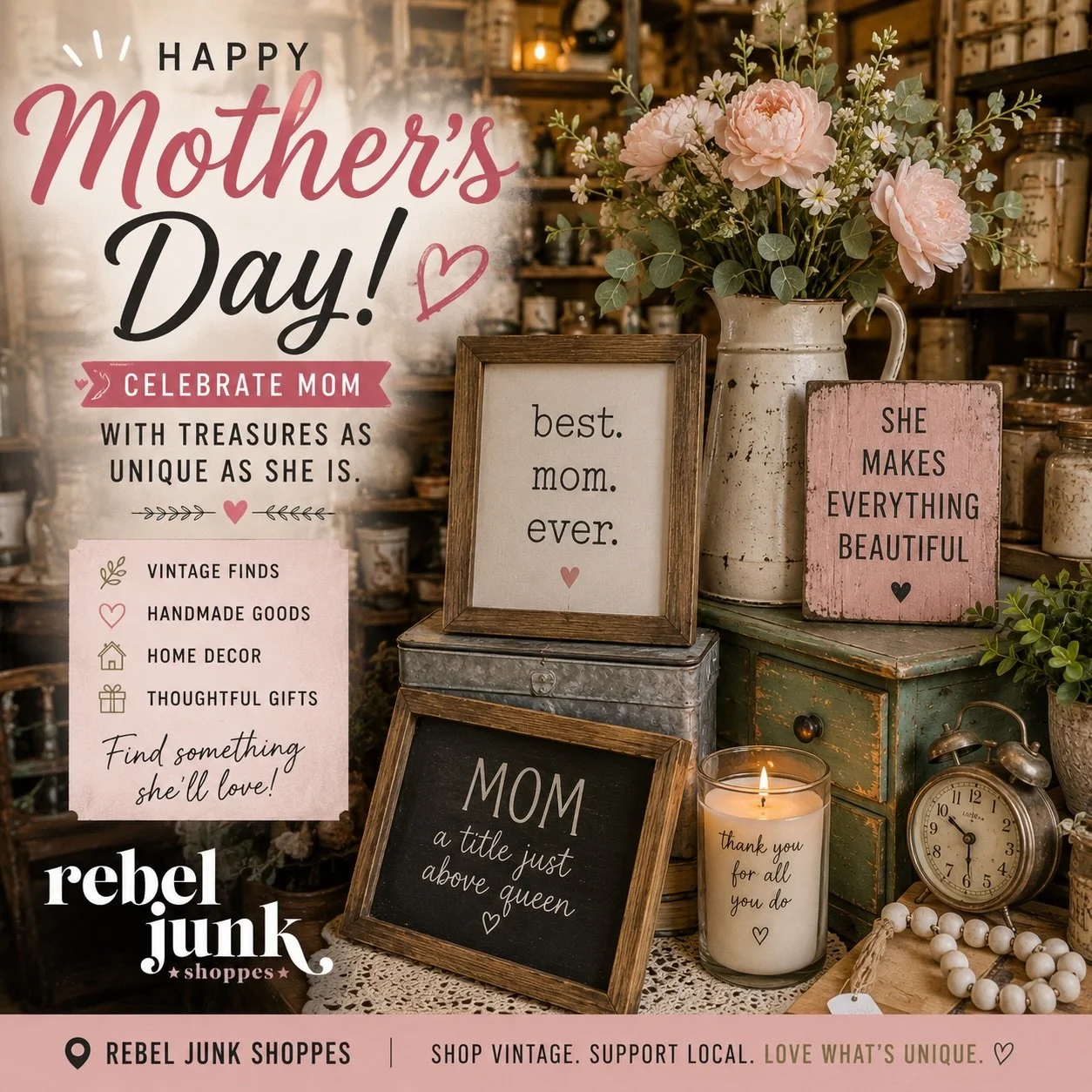 Happy Mother&rsquo;s Day

💐 Mother&rsquo;s Day Treasure Hunting Starts Here 💐

Looking for a gift as unique as Mom?Rebel Junk Shoppes is filled with one-of-a-kind finds she&rsquo;ll absolutely love.

✨ Vintage treasures🕯 Cozy home decor🌿 Handmade