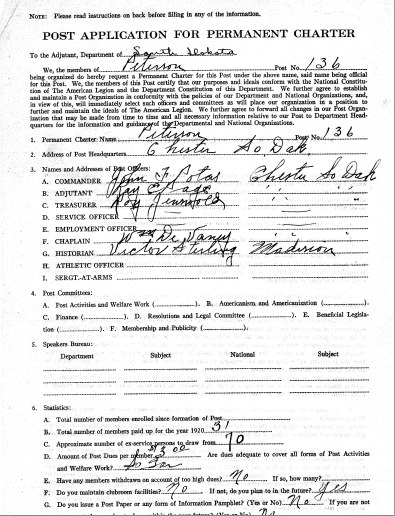 First Charter Application Pt 2
Commander: John Potas
Adjutant: Ray Page
Treasurer: Roy Jensvold
Chaplain: William DeVaney
Historian: Victor Sterling