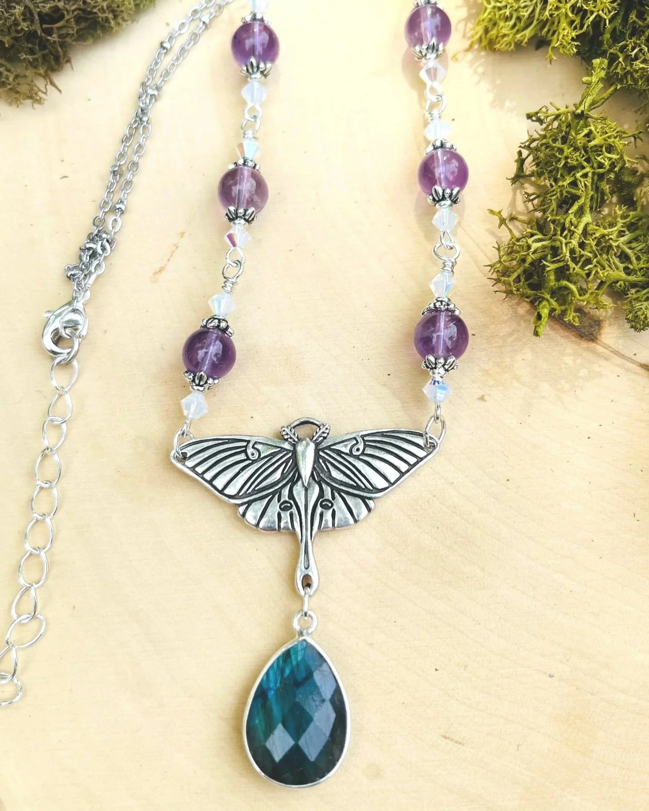 Luna Moth Necklace with Amethyst and Labradorite