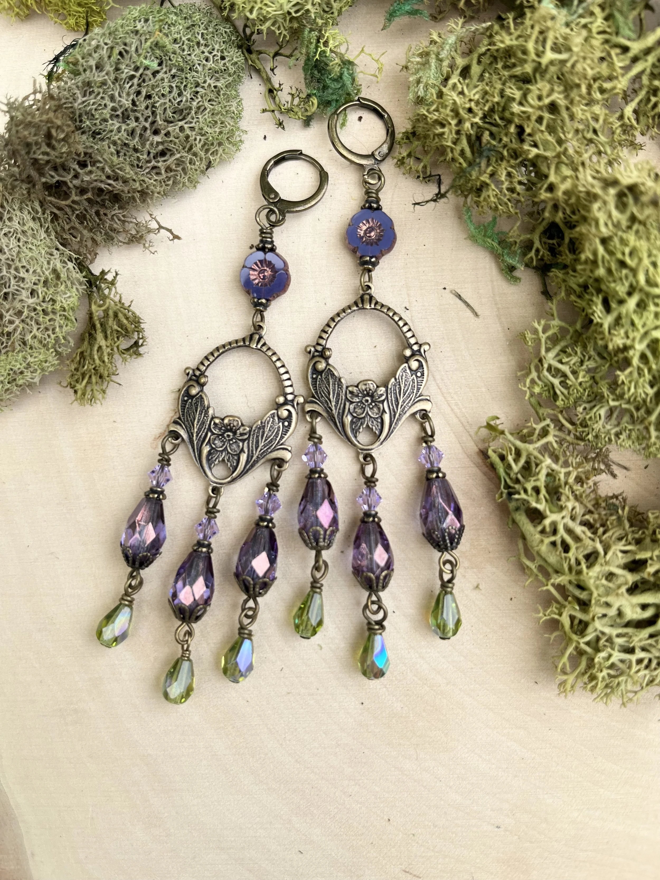 Purple and Green Floral Chandelier Earrings