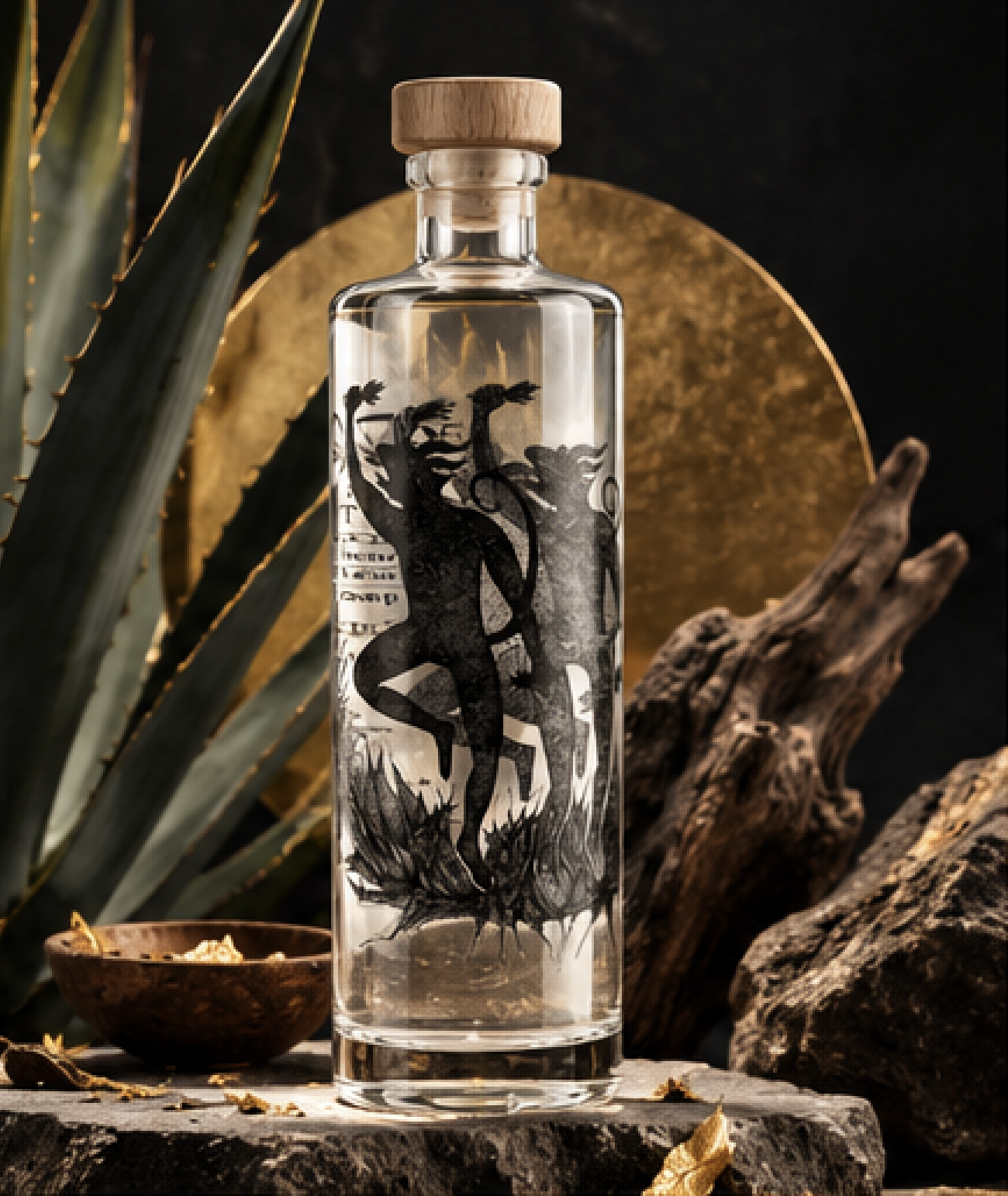 Una botella de vidrio decorada con figuras de chanques y seres de la marca 9 Nueve Espíritus Mezcal, situada sobre una roca, con plantas y madera alrededor, y un fondo oscuro con un círculo dorado.