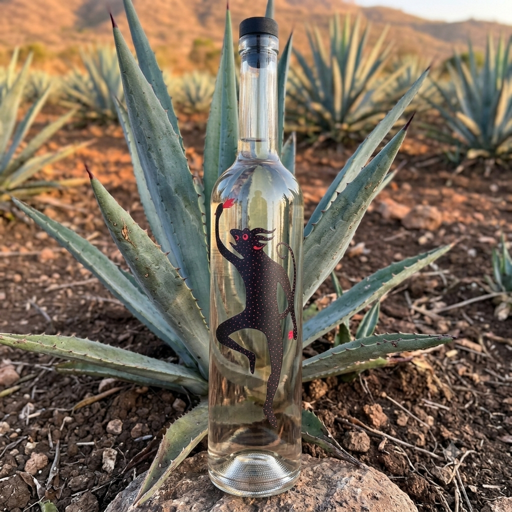 Botella transparente de la marca 9 Espíritus con una ilustración de un chaneque con detalles en rojo, en medio de un campo de plantas de agave en un paisaje árido y soleado de Oaxaca