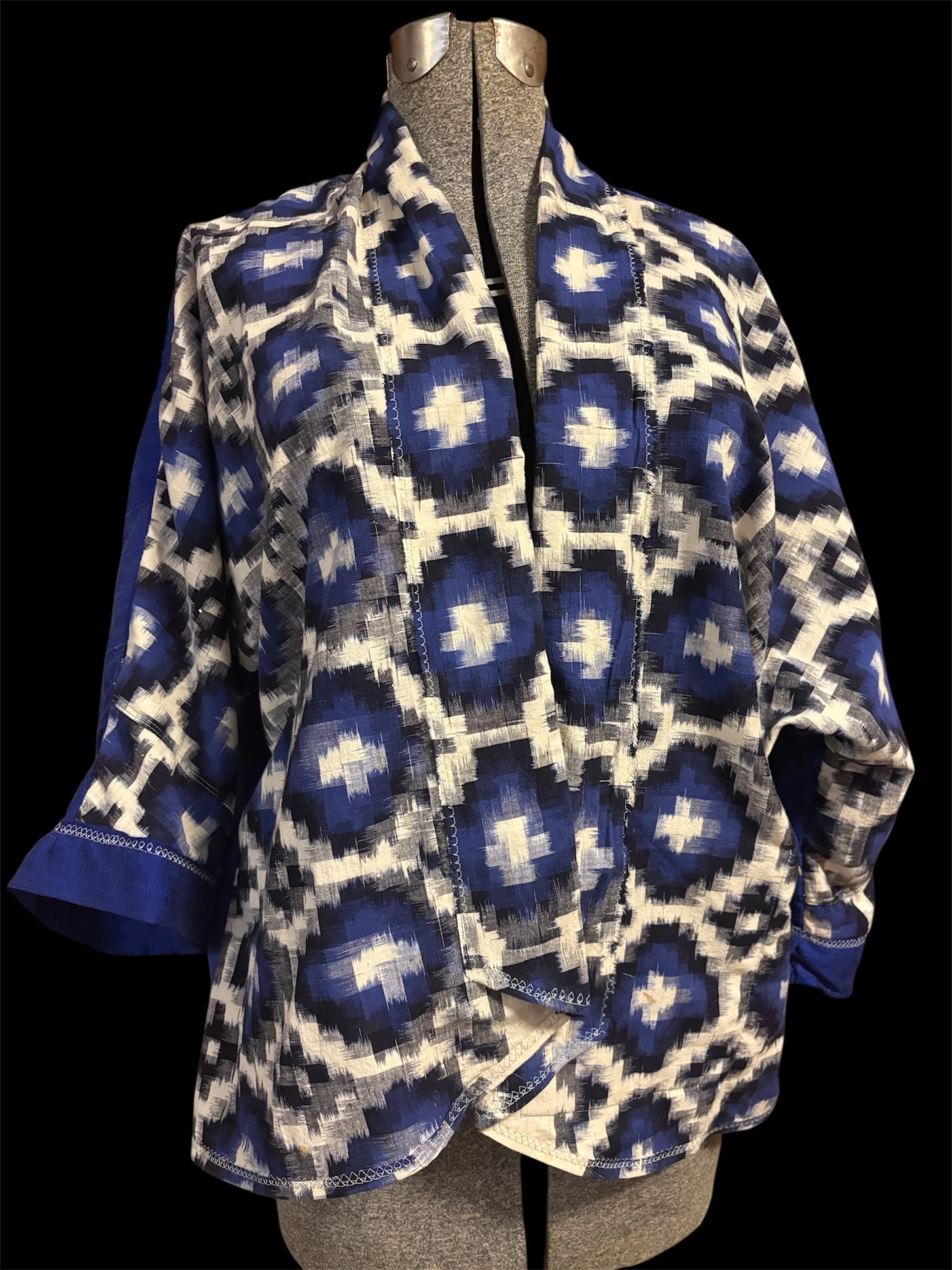 Sample jacket pattern sewn with vintage Ikat cotton and Italian silk before weaving the final garment fabric 