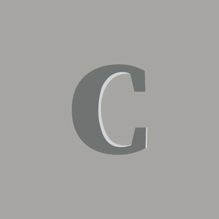 Gray letter C with a 3D shadow on a gray background.