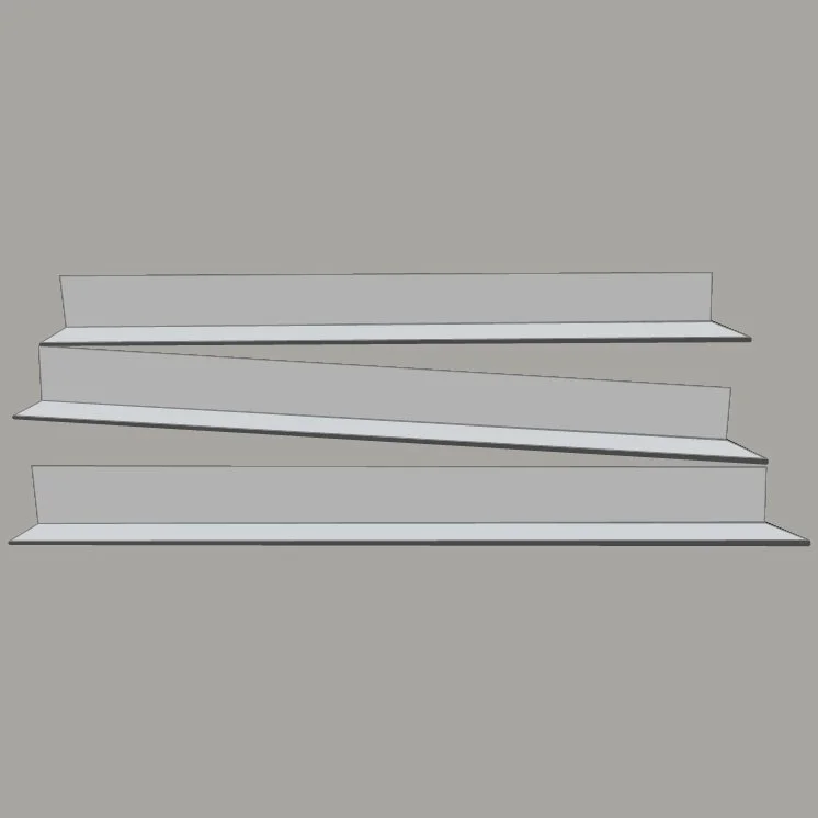 Three white blank shelves with a slight incline, mounted on a gray wall.