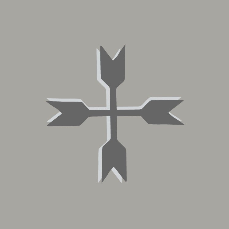 A stylized snowflake design with five arms, each ending in a pointed arrow shape, on a gray background.