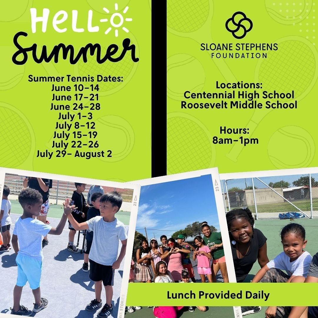 Calling all future tennis stars! 🎾 Come join the fun this summer with Sloane Stephens Foundation&rsquo;s summer tennis program! ☀️Perfect for kids of all ages, our sessions at Centennial High and Roosevelt Middle School promise fun, learning, and un