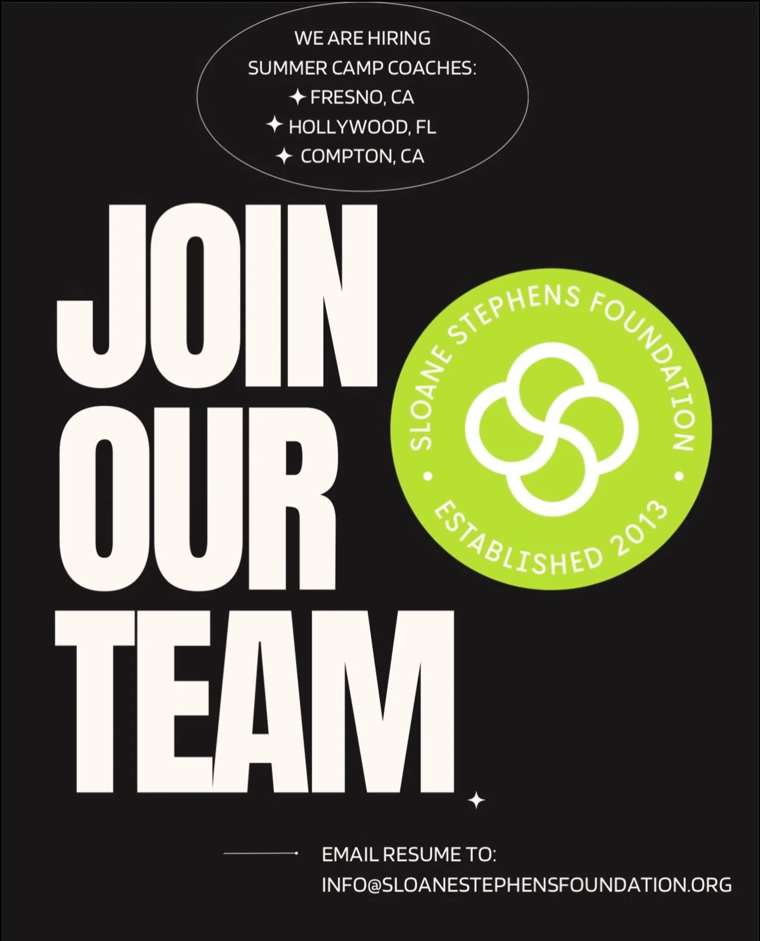 Join the Sloane Stephens Foundation Team!

The Sloane Stephens Foundation is officially looking for passionate Summer Camp Coaches to join their mission of empowering youth. Established in 2013, the foundation is expanding its impact across several k