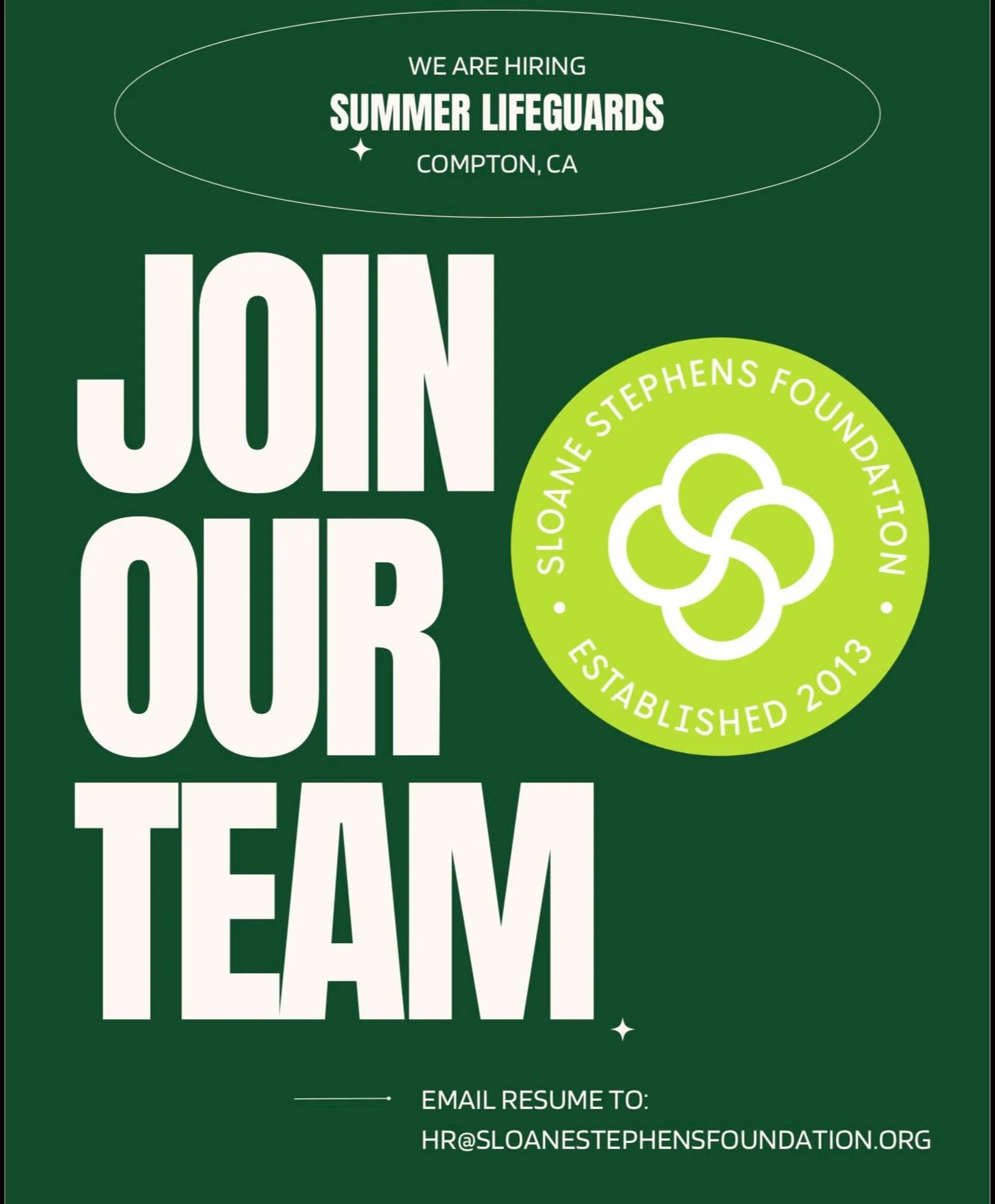Join the Sloane Stephens Foundation Team!

The Sloane Stephens Foundation is officially looking for passionate Summer Lifeguards to join their mission of empowering youth. Established in 2013, the foundation is expanding its impact in Compton this su