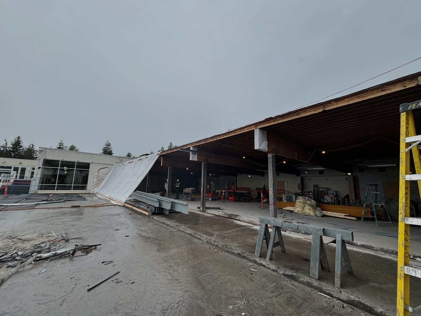 Phase II: Demolition at 95% completion! Patio season is looking a little different this year. The glass atrium style windows are no longer, and new steel beams reinforcing the new main level restaurant are being installed. #continuousimprovement #ren