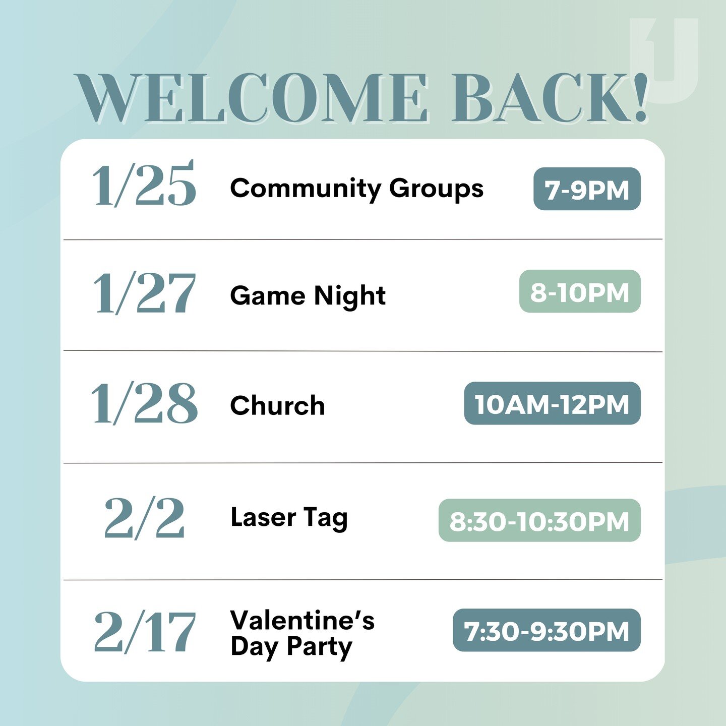 WELCOME BACK ONEU!! 
____

We are so excited for the first events of 2024! We are kicking things off with Community Groups (at Stamp) in a few days! Make sure to come! :)