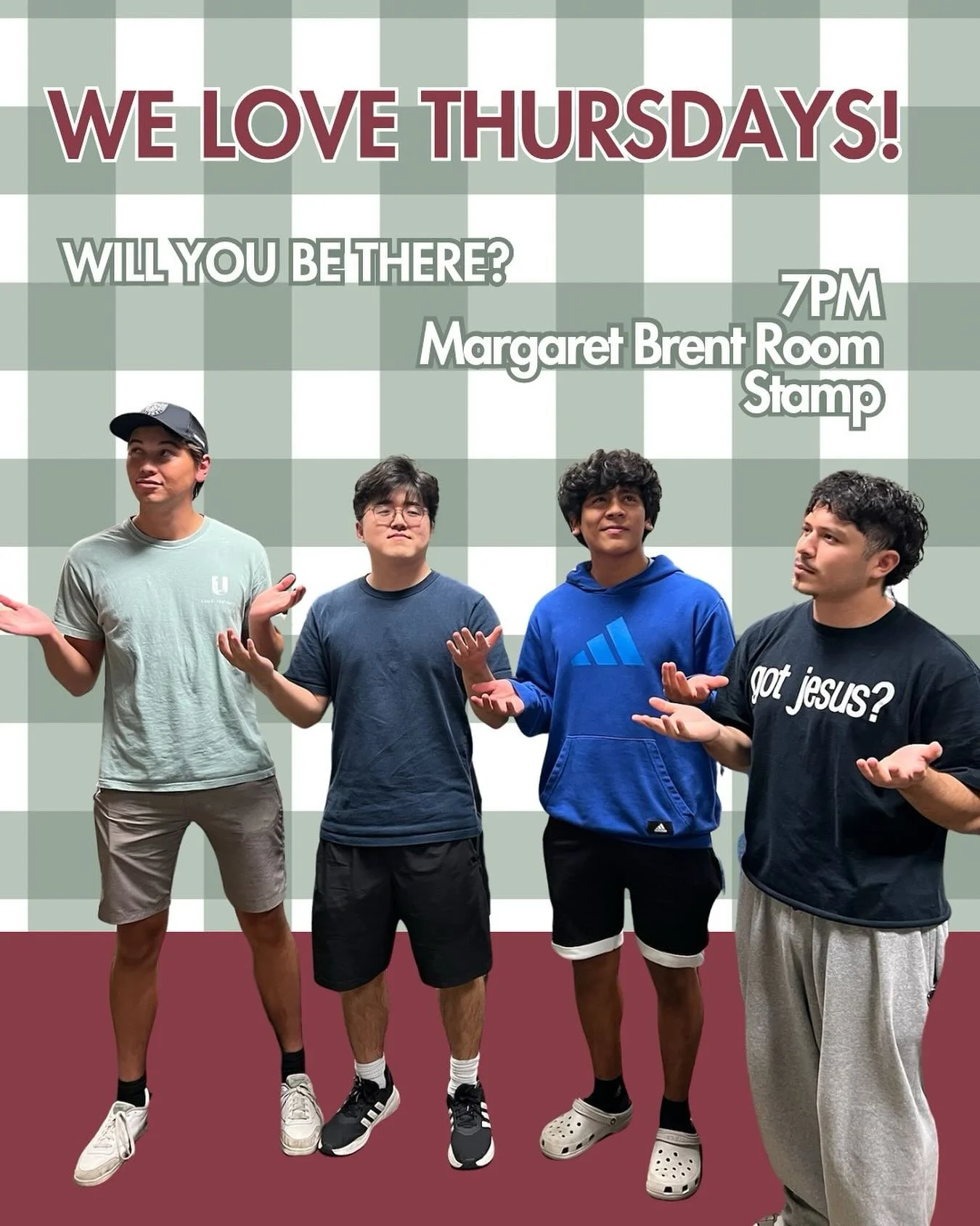 do you love Thursdays? We do! Best night of the week! See you at 7PM in the Margaret Brent Room of Stamp. We will be studying Philippians 1:19-26!