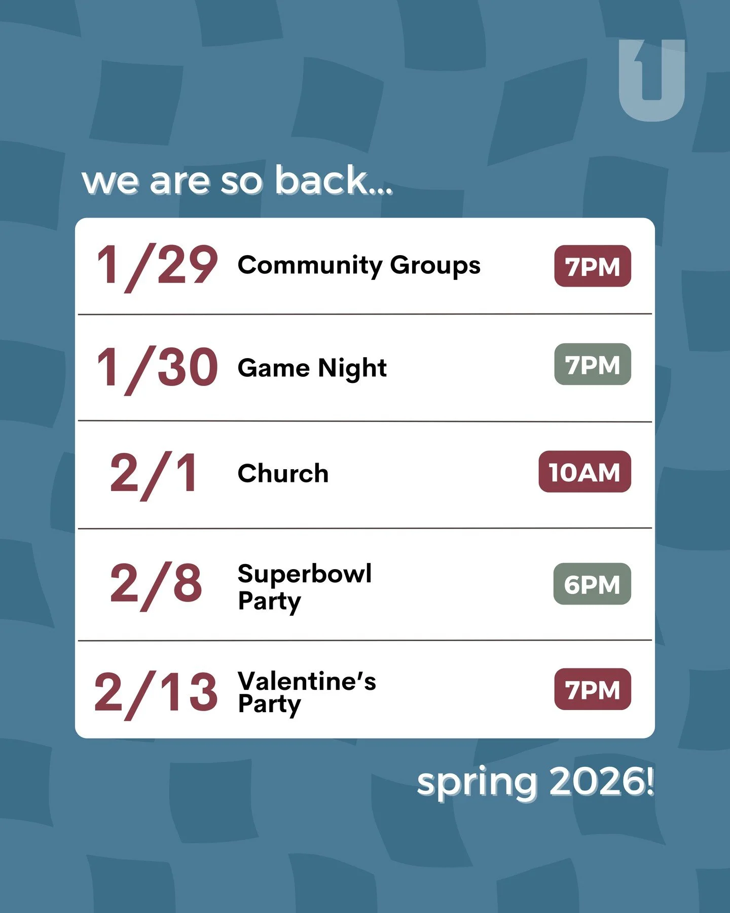 SO BACK for this semester!! more info to come for events! we are so excited!!!