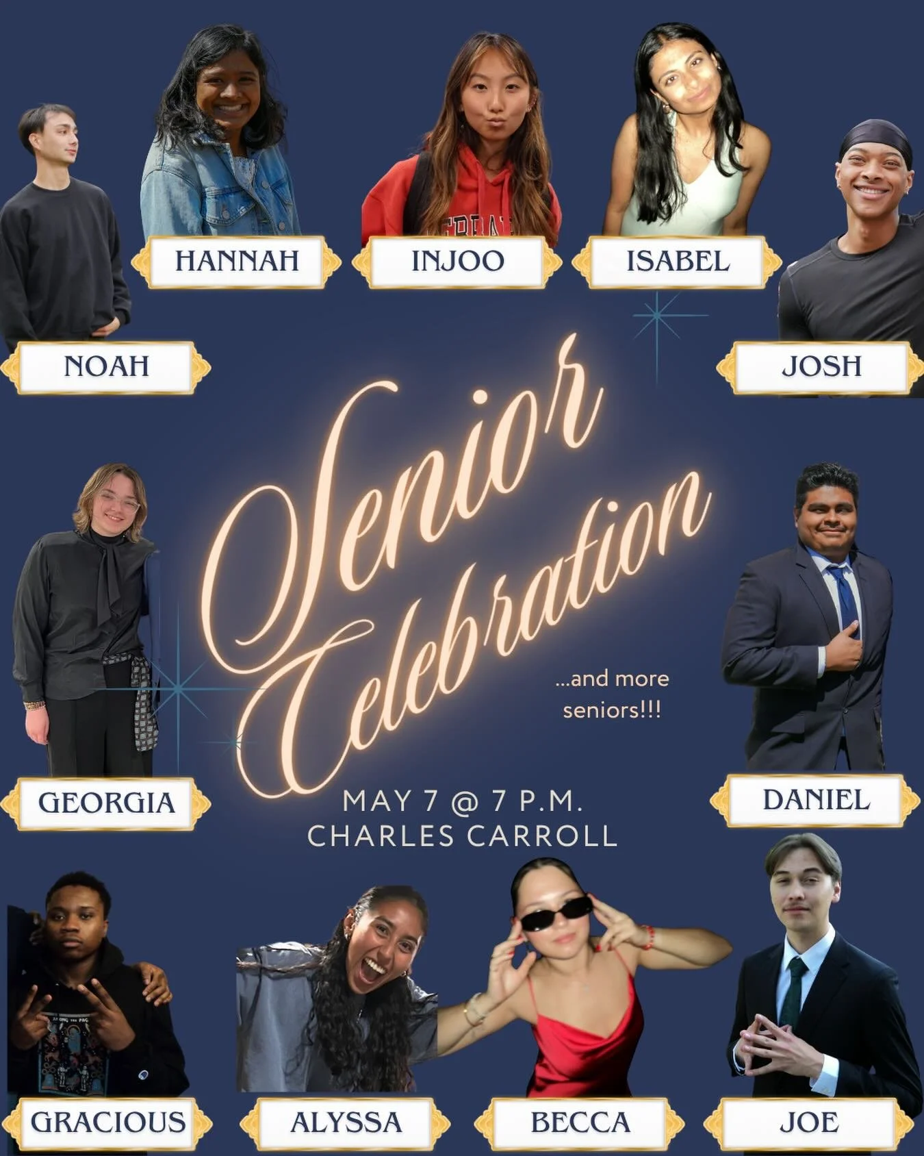 We love Thursdays!!! Join us for our last community group of the year as we celebrate our seniors who we love so so so much :) See you at 7 PM in Charles Carroll room at Stamp!