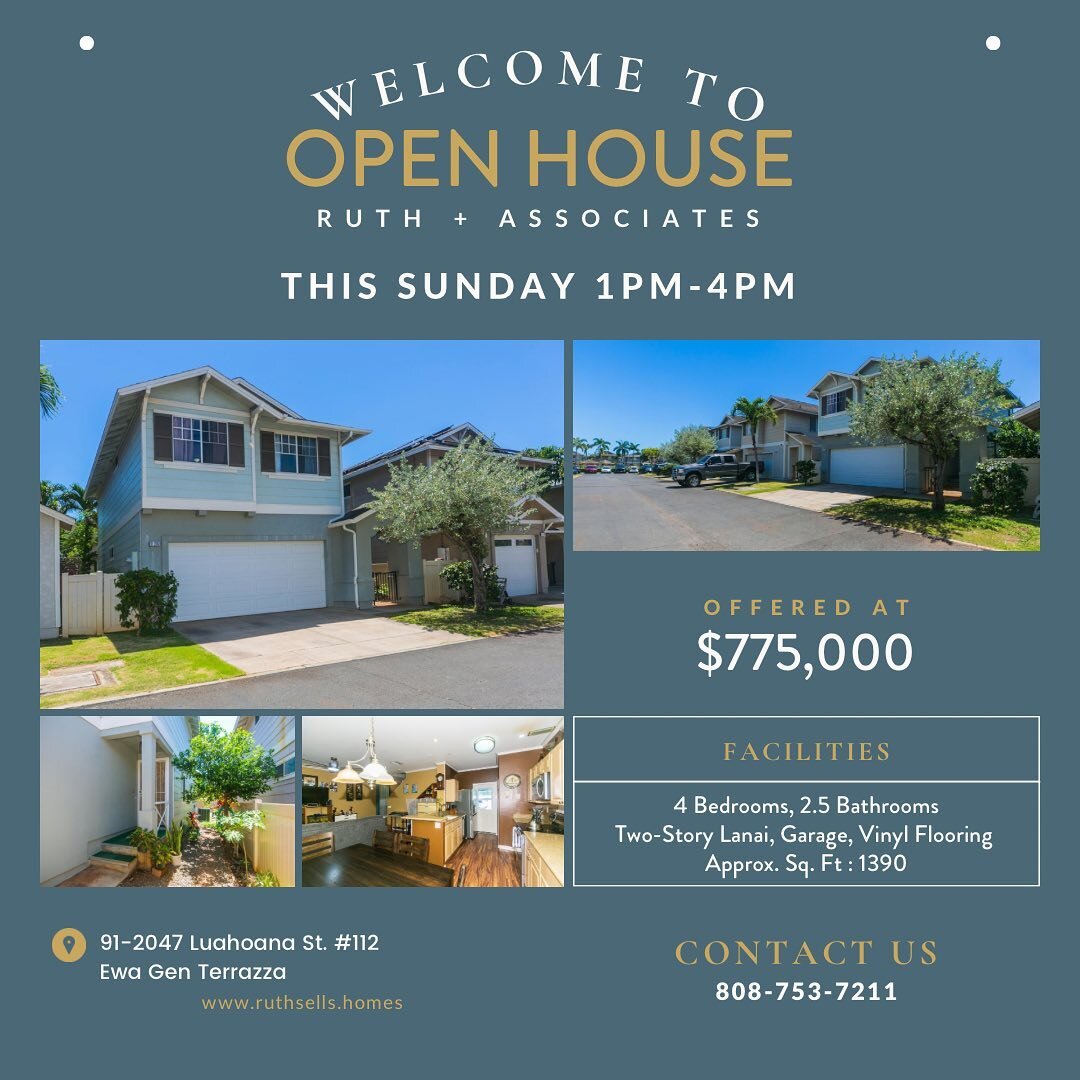 🏡 𝐎𝐏𝐄𝐍 𝐇𝐎𝐔𝐒𝐄
👉 $775,000 FS | 1,390 Sq. Ft. | 4 bedrooms | 2.5  bath 
👉 91-2047 Luahoana St. #112 | Ewa Gen Terrazza

Come home to a two-story 4-bedrooms, 2.5 bath with a garage and large extended lanai. The home features vinyl flooring th