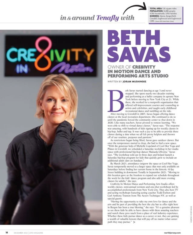 Image of a magazine page about Beth Savas, owner of C'reativity in motion dance and performing arts studio. The page features a photo of Beth Savas, a colorful logo reading "C'reativity in motion," and text describing her background and classes offer