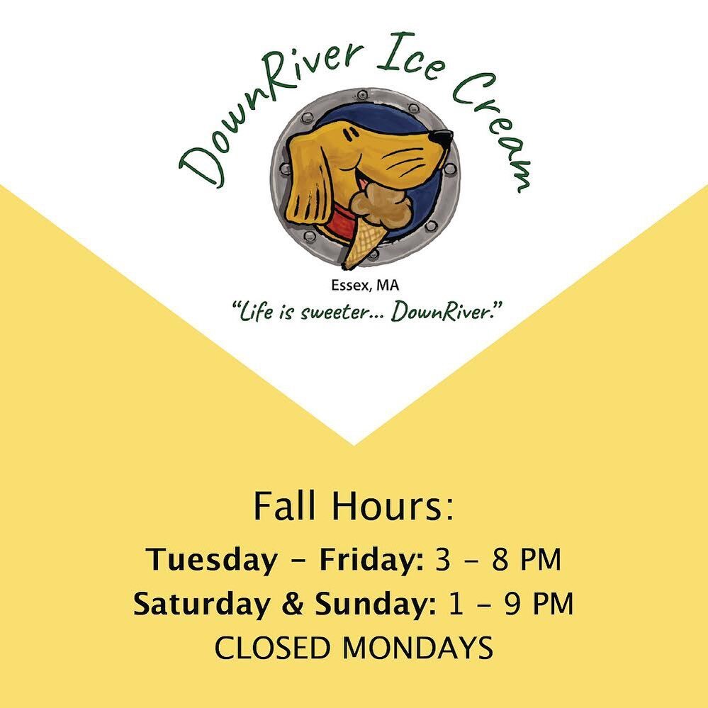 As of today, we will be operating under our fall hours:

Tuesday - Friday: 3-8 PM
Saturday &amp; Sunday: 1-9 PM
Monday: CLOSED

We appreciate your understanding!

#downrivericecream #downriver #icecream  #localbusiness #essex #massachusetts #northsho