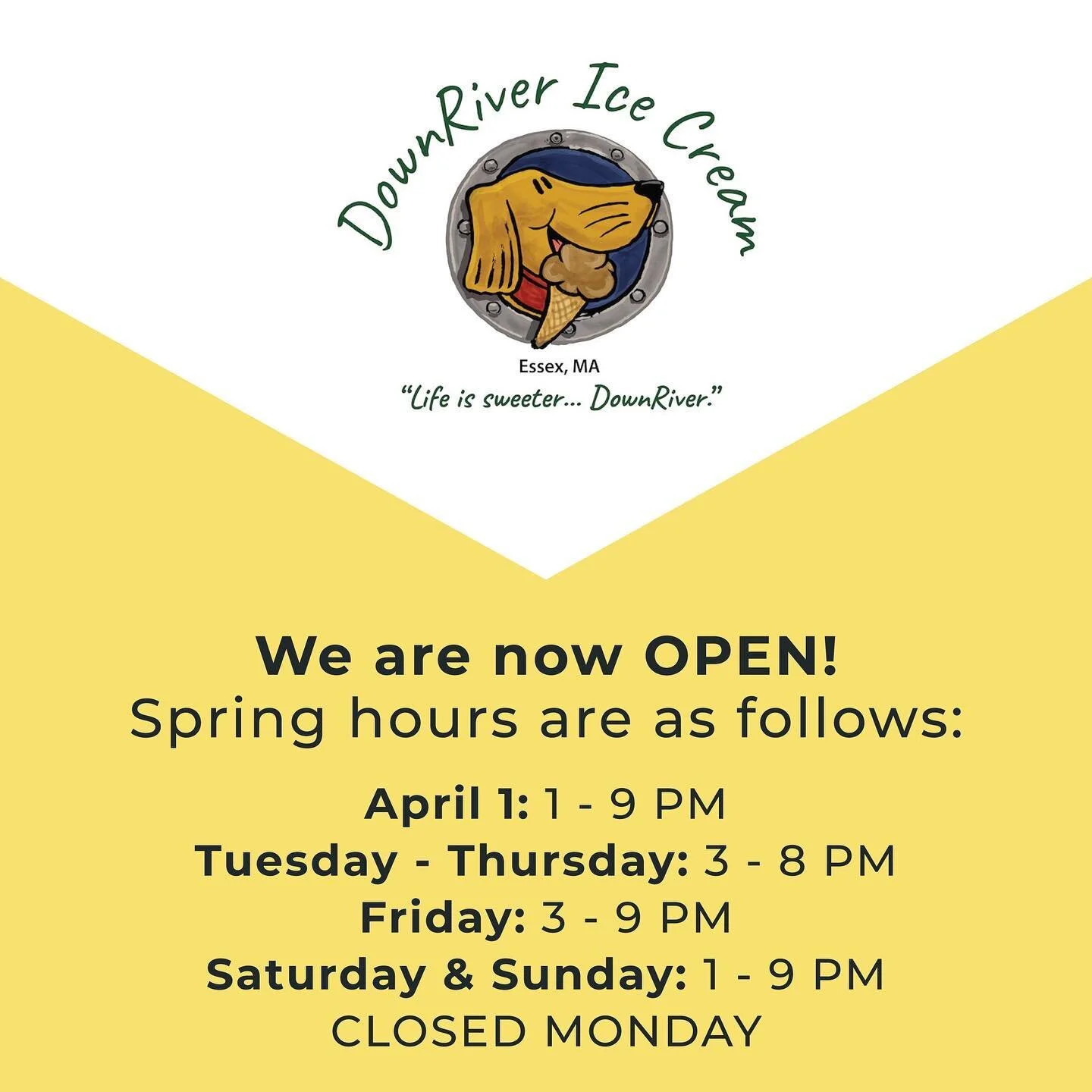 Today is the day... We are OPEN!
Our spring hours are as follows:

Today (April 1): 1 - 9 pm
Tuesday - Thursday: 3 - 8 pm
Friday: 3 - 9 pm
Saturday &amp; Sunday: 1 - 9 pm
CLOSED MONDAY

We can't wait to see you soon🍦

#downrivericecream #downriver #