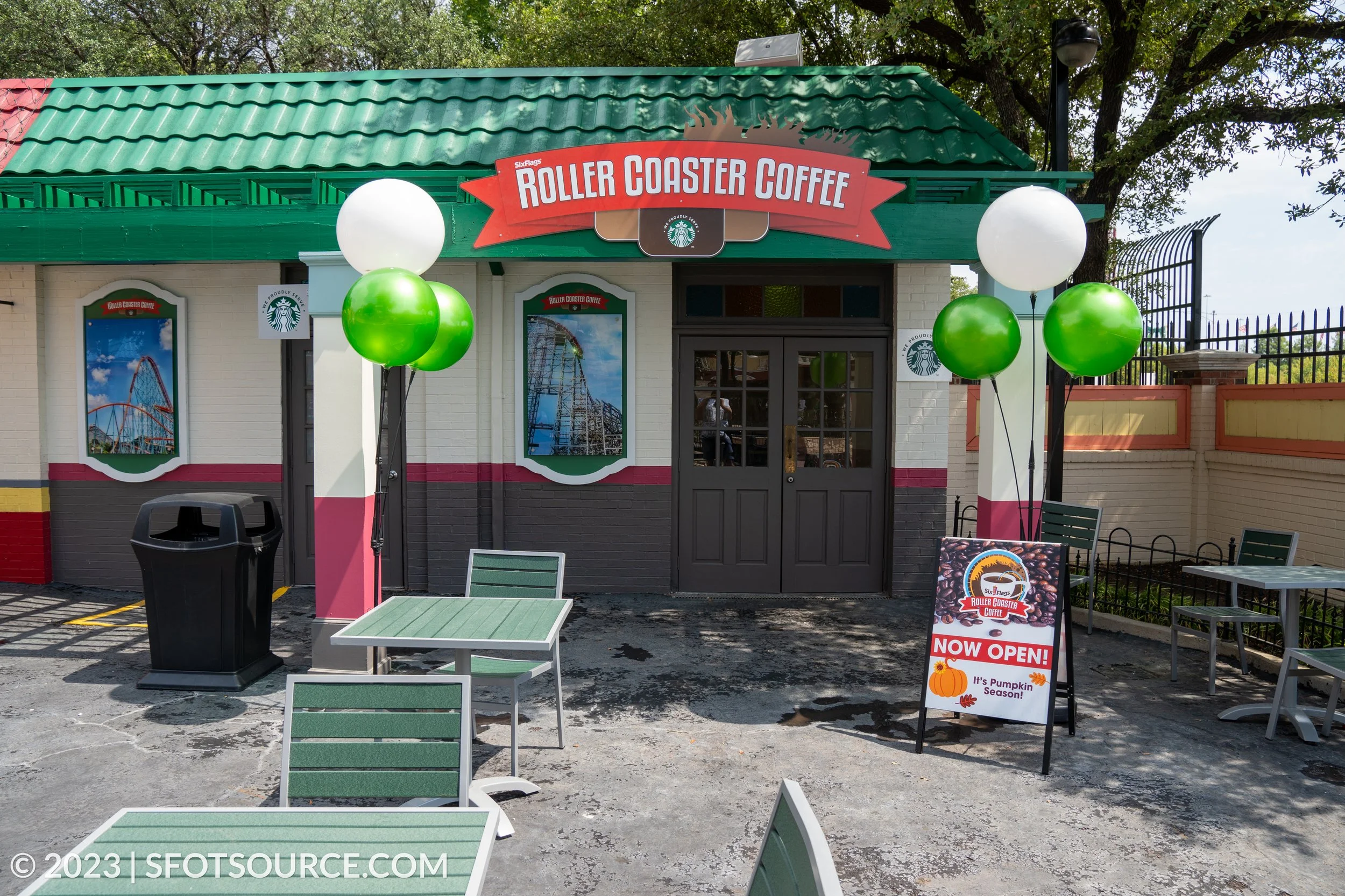 Six Flags Over Texas features two Roller Coaster Coffee locations, one being near the entrance.