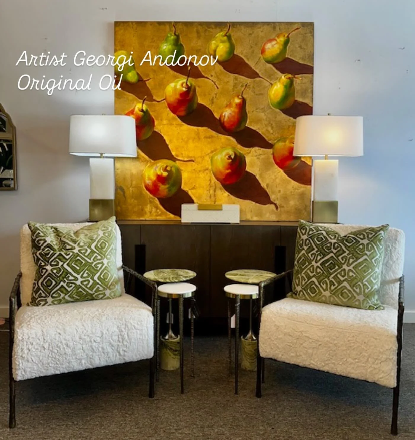 Georgi Andonov is an artist from Bulgaria. World famous in contemporary fine art. His works are in galleries in the USA, Europe and the world. #goldleaf #pears #georgiandonov #decoratorsresource #originalartwork