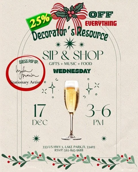 Join us Wednesday, December 17th from 3 to 6 for our holiday Sip and Shop!!🎄🛍️. We are excited to have pop-ups @lydabrownart and @wahineartanddesign 
Cocktails, music by Todd Feldman from Angry Moon Cigar Bar!  Fun and fabulous deals!!! ( Pop ups a
