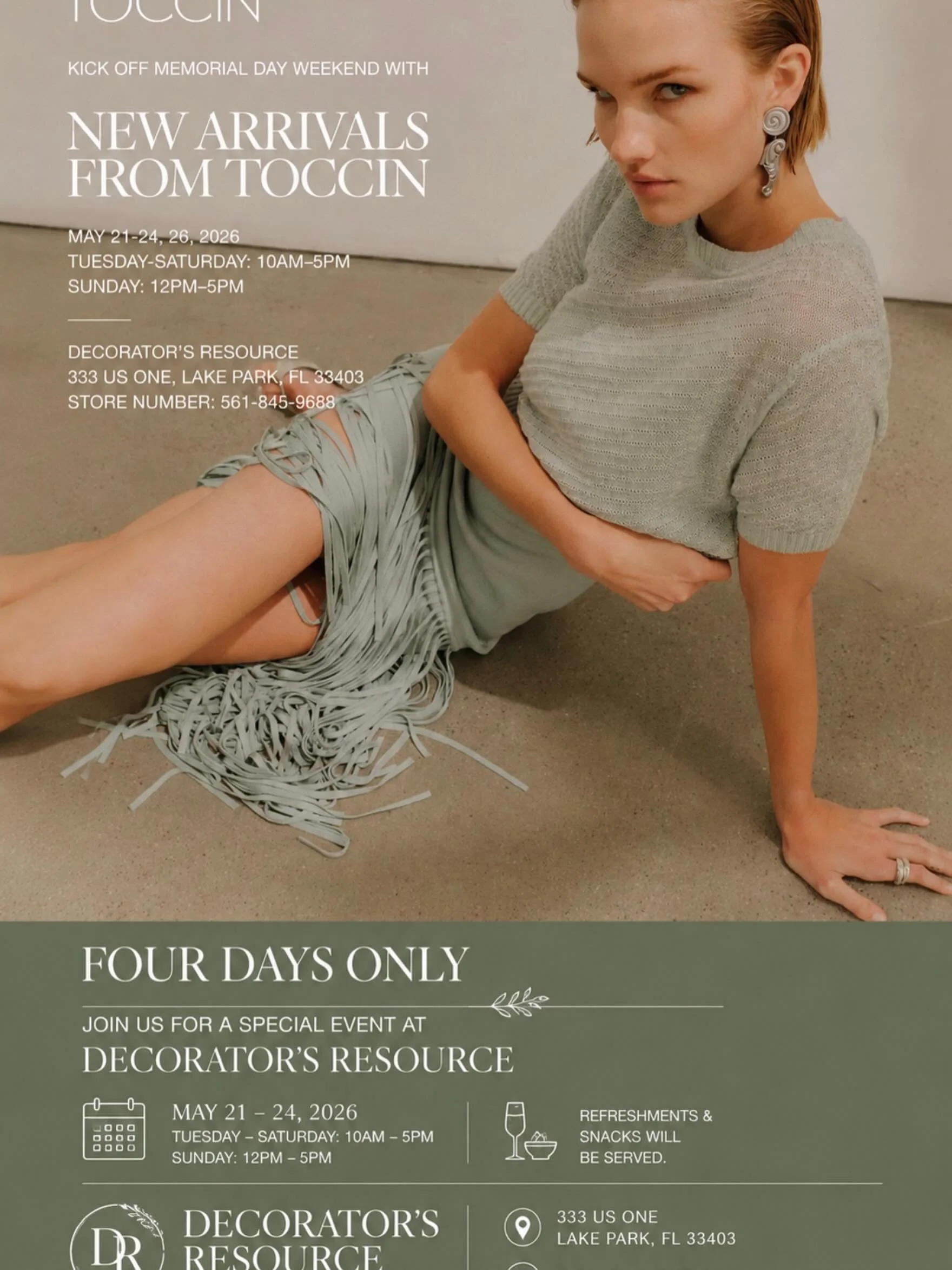 A little fashion moment at Decorator&rsquo;s Resource&hellip; 

We&rsquo;re so excited to host TOCCIN&rsquo;S Summer Collection for a special four-day event, May 21&ndash;24.

Think effortless elegance, chic summer dressing, and pieces you&rsquo;ll w