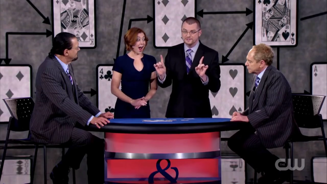 Caleb on the Penn and Teller Fool Us set with the hosts