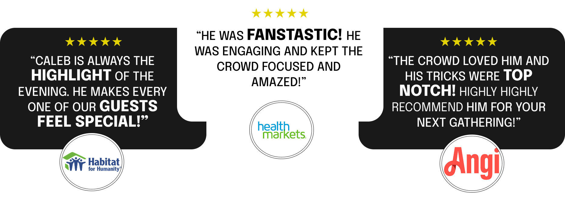 Customer reviews and testimonials for healthmarkets.com presented on a black background with white and yellow text, with logos of Habitat for Humanity, Healthmarkets, and Angi at the bottom.