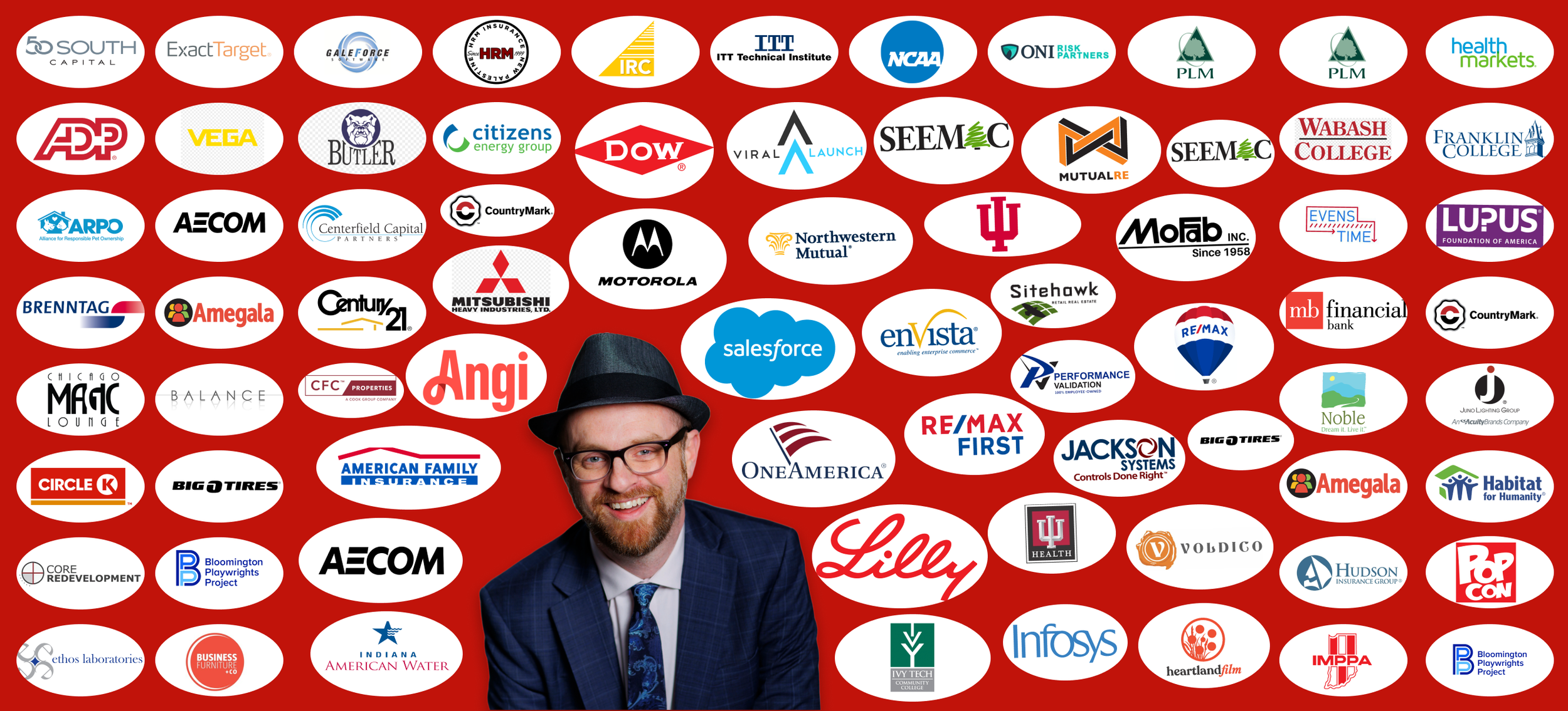 Collage of various company logos on a red background with a man wearing a suit, glasses, and a hat smiling in the foreground.