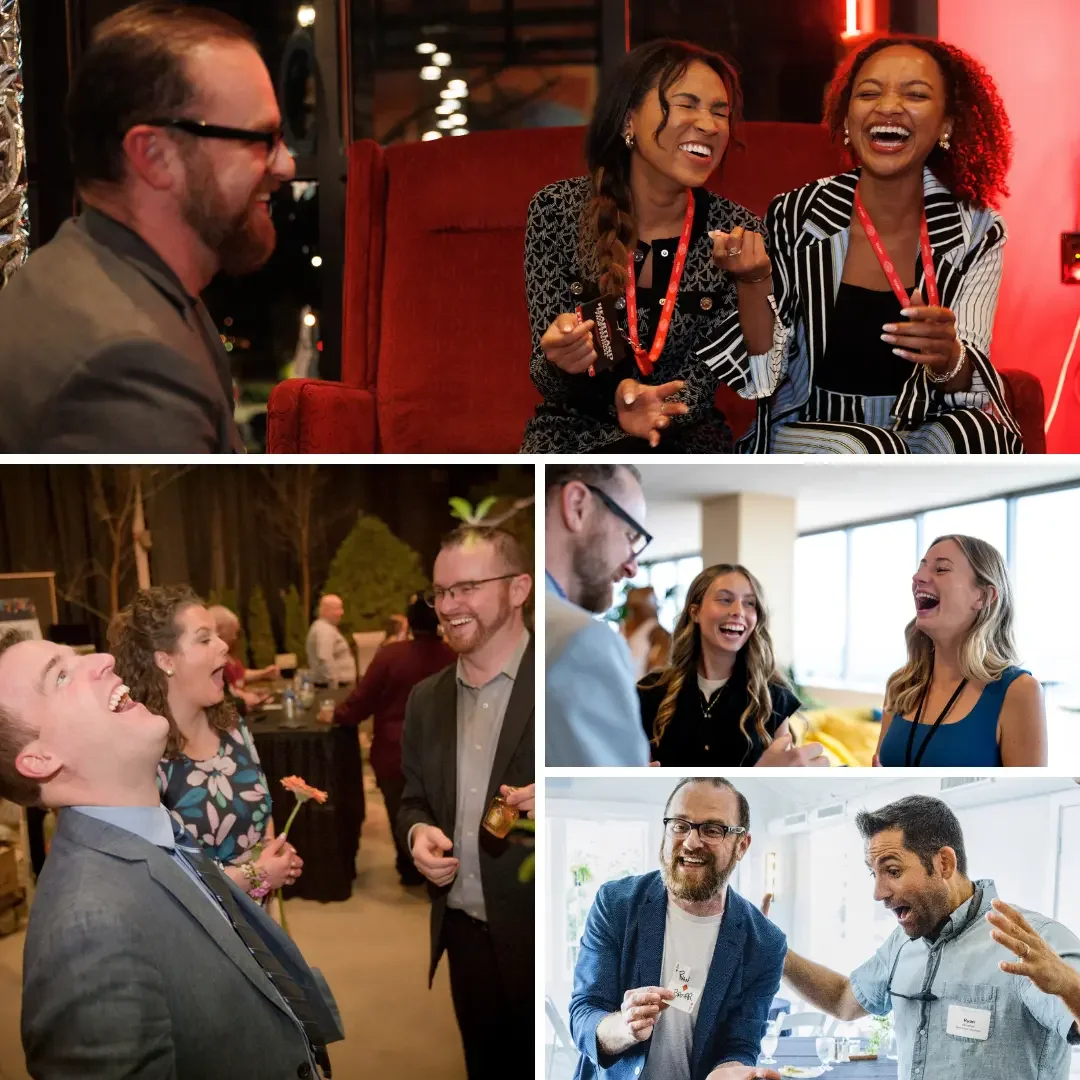 People laughing and socializing at a party or networking event, enjoying conversations in different settings.