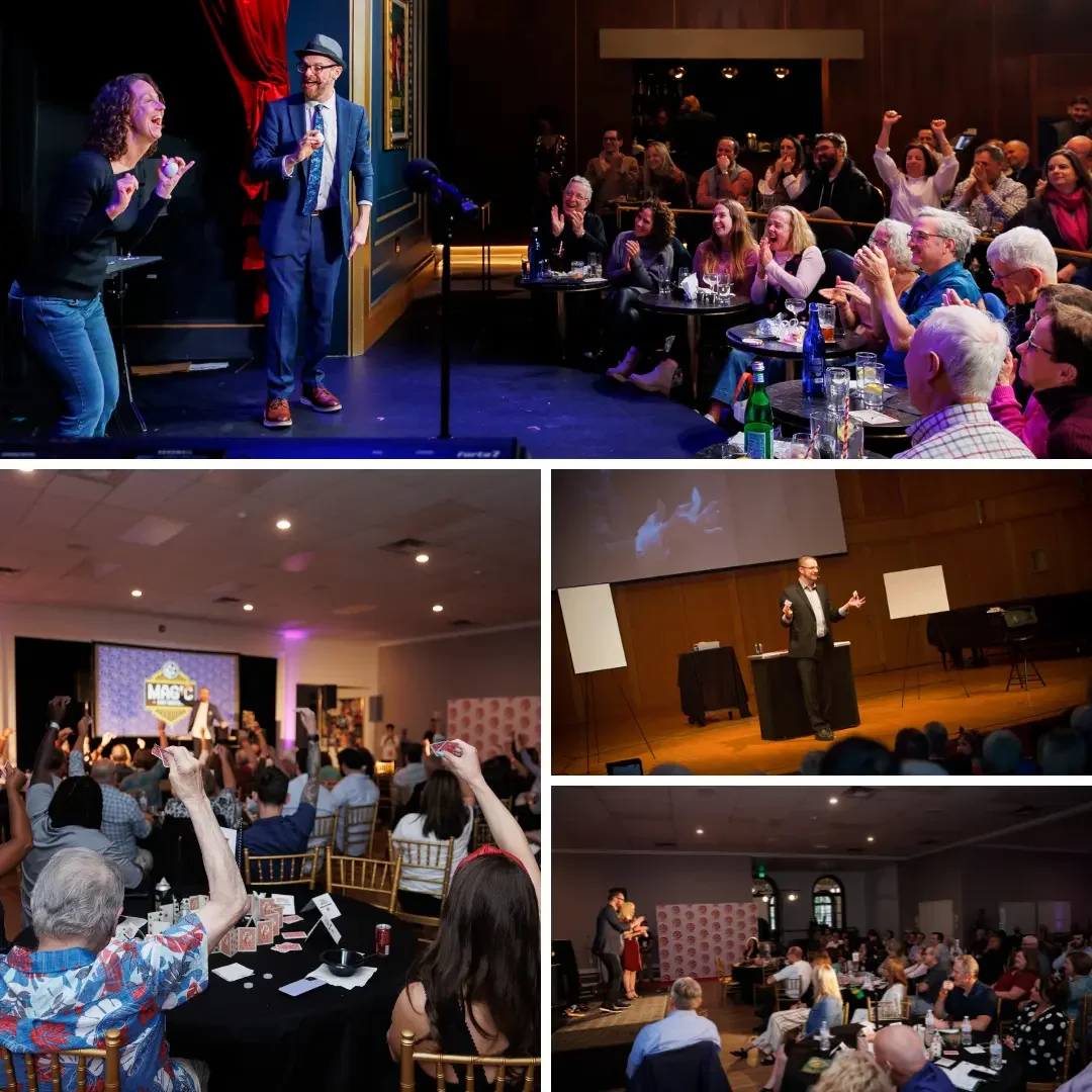 Multiple scenes of live entertainment and presentations at a venue. Top image shows a man in a blue suit and a woman on stage with an audience clapping and cheering. Bottom left shows a person on stage with an audience raising hands, with a screen displaying 'MAGIC'. Bottom center features a man giving a speech or presentation on stage with a large screen behind him. Bottom right depicts people seated at tables in a large room, watching a performance or speaker.