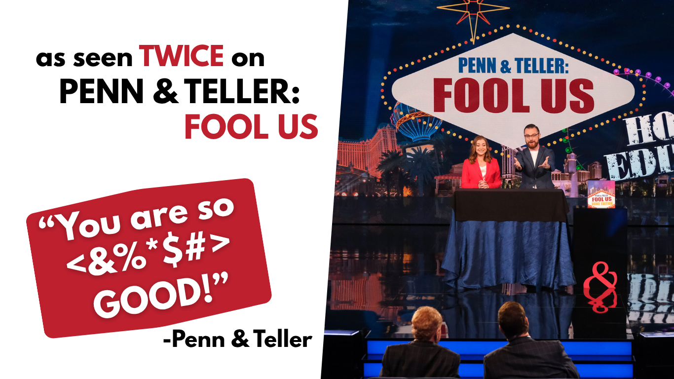 Television game show set with two hosts standing behind a table, a Las Vegas cityscape background, and an audience seated in the foreground. The show's title "Penn & Teller: Fool Us" is displayed on large signs and a screen.