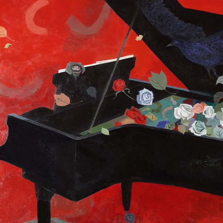  A painting of a piano filled with roses by Robin Eschner 