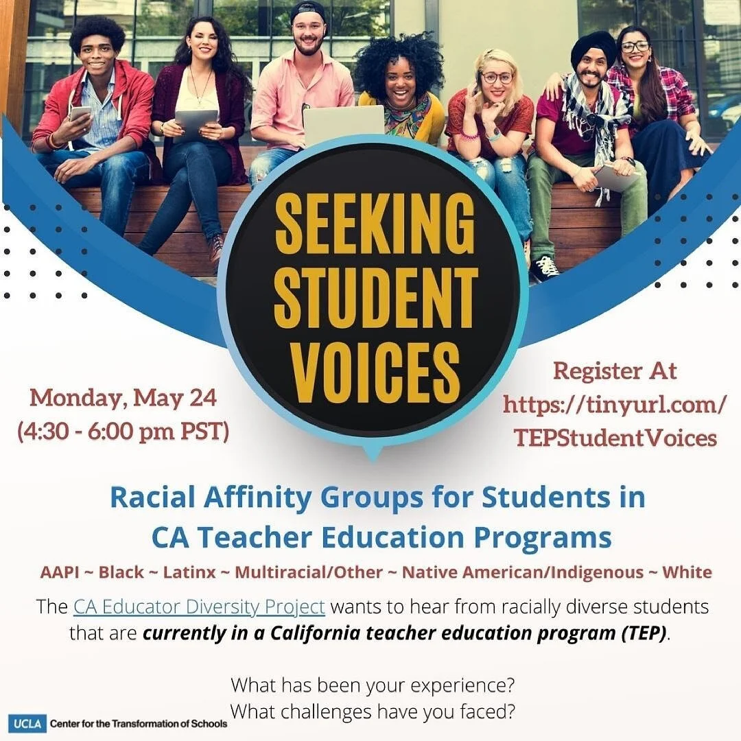 This is for all my teacher friends that are currently in a CA Teacher Education Program. 

For those that don&rsquo;t know in my day job I am a research director @transformschoolsucla and the CA Educator Diversity Project is my project. 

We are hold