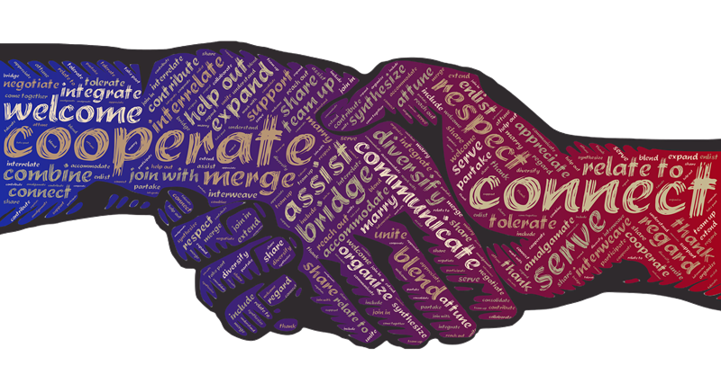 Illustration of two hands shaking, composed of words related to cooperation and connection, like "cooperate," "connect," "respect," and "communicate." The left hand is in shades of blue and the right hand in shades of red.