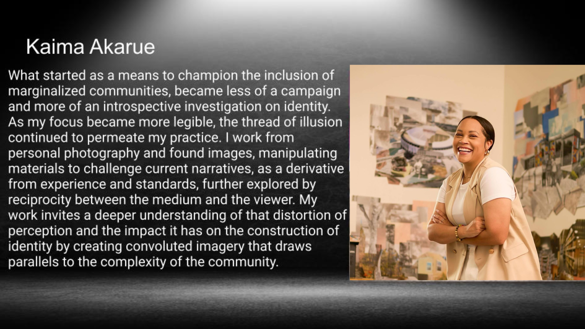 Text description and smiling person in art gallery