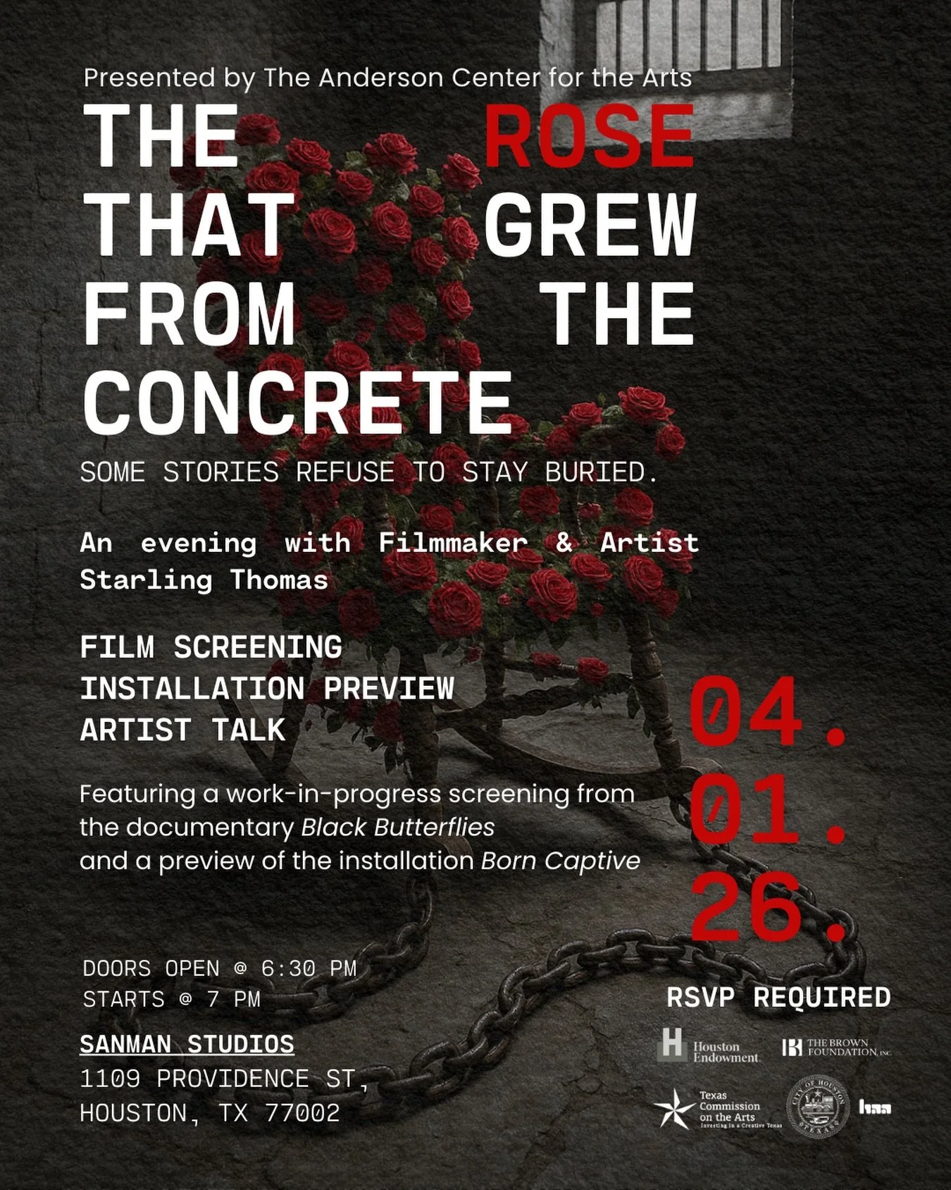 Join @theandersoncenterforthearts Artist-in-Residence @therealstarling tomorrow at @sanmanstudios for a screening of her short film Black Butterflies. Link in bio to RSVP. 

📍 April 1
Doors open at 6:30 PM
1109 Providence St, Houston, TX 77002

Get 