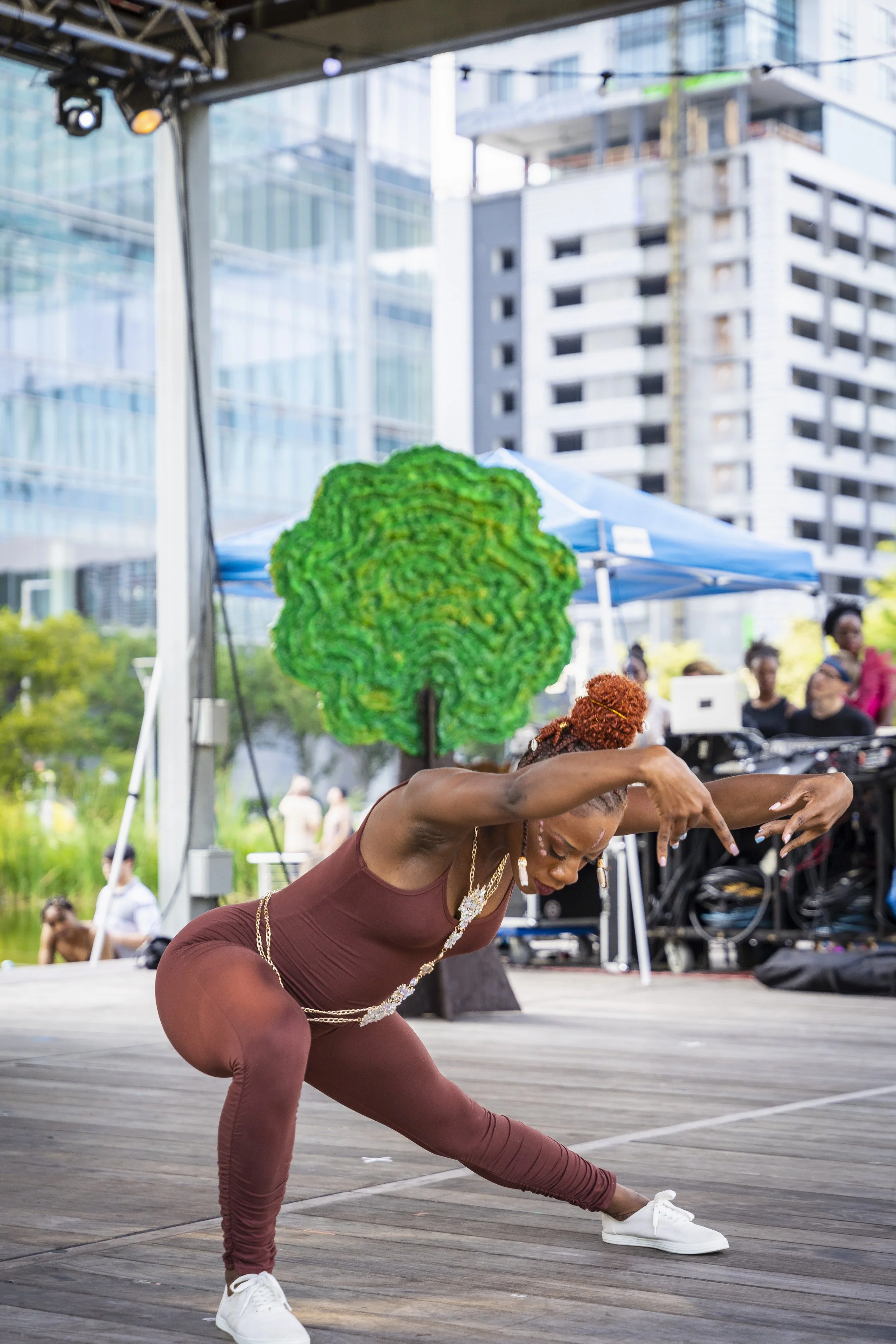 Dancer engaging with the music moving prophetically.  