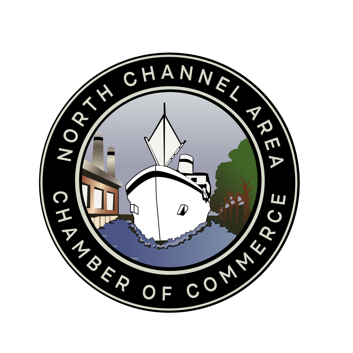 Logo of North Channel Area Chamber of Commerce featuring a ship between industrial buildings and trees.