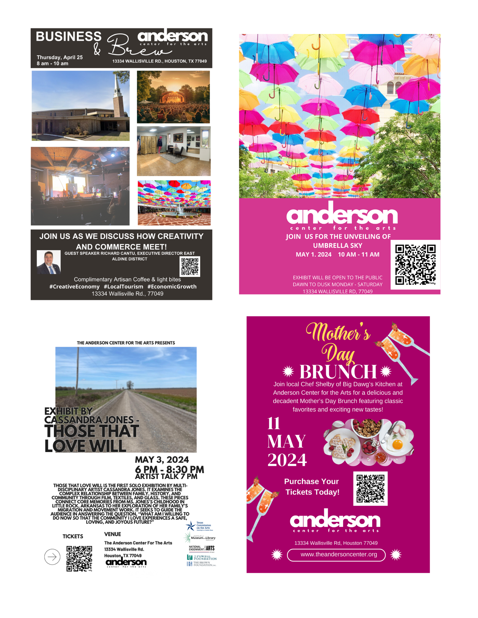 Flyers promoting events at Anderson Center for the Arts in Houston, TX. Events include a business and creativity discussion on April 25, 2024, an umbrella sky unveiling on May 1, 2024, an art exhibit by Cassandra Jones on May 3, 2024, and a Mother's Day brunch on May 11, 2024. Includes QR codes and event details.