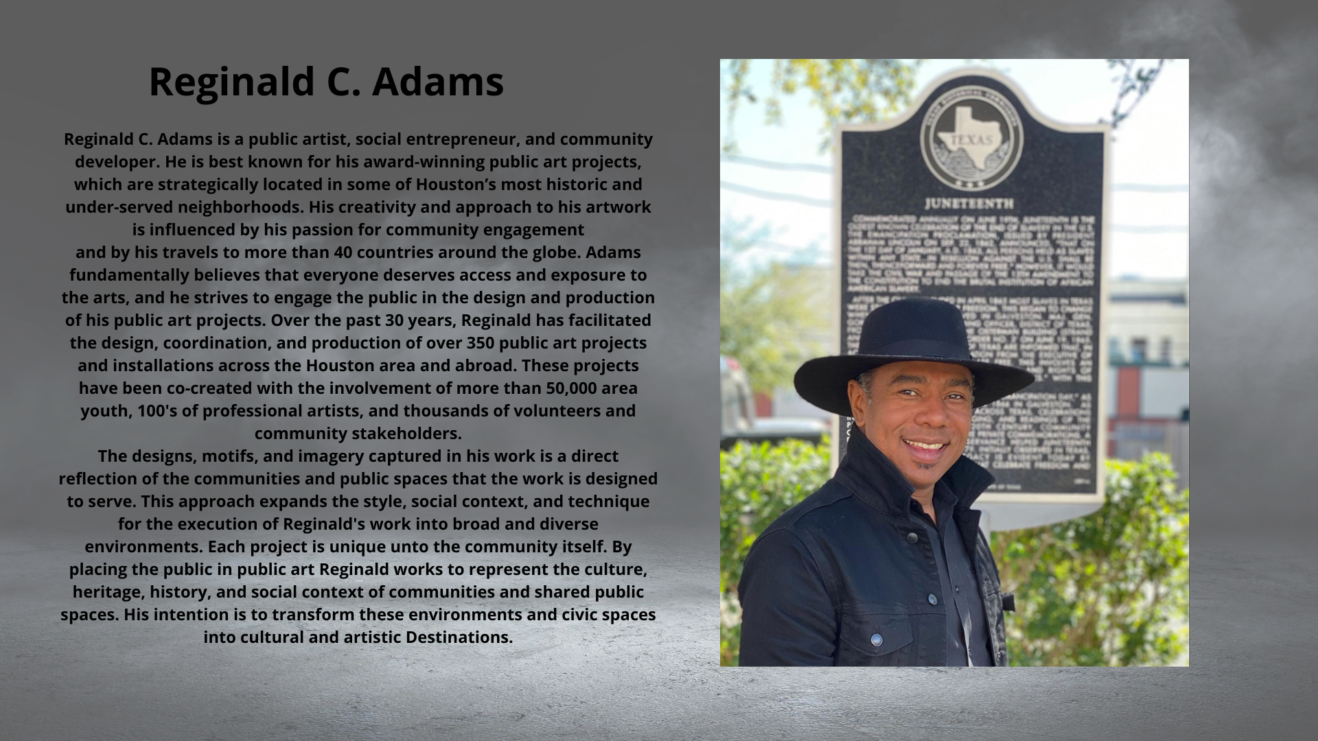 Profile of Reginald C. Adams, a public artist known for community-driven public art projects. The image includes a portrait of a smiling man in a black hat and jacket, standing in front of a Juneteenth plaque. The text describes his dedication to using art to engage communities, highlighting his achievements over 30 years, including the production of over 350 art projects and collaborations with thousands of community members.