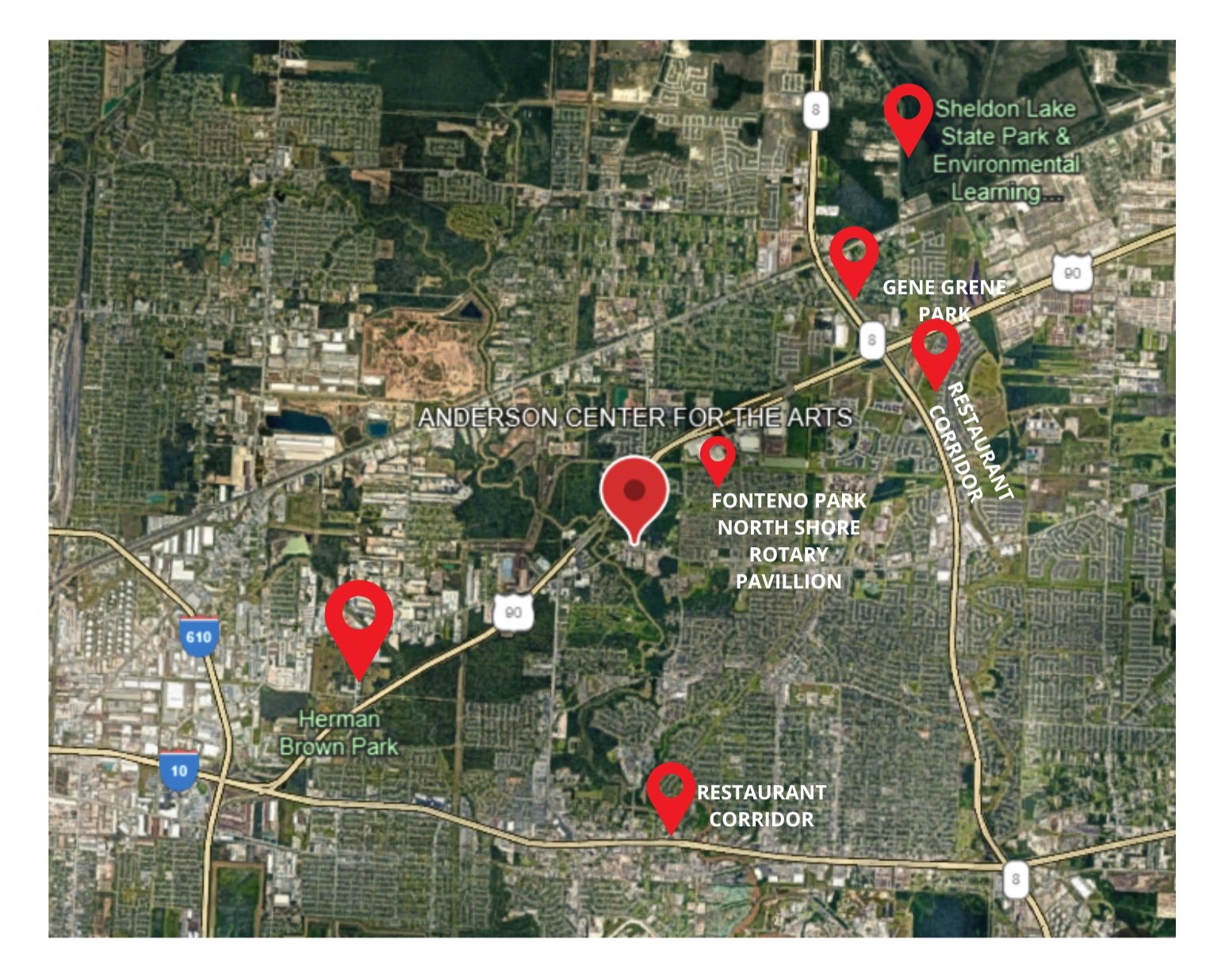 Map showing highlighted locations including Anderson Center for the Arts, Sheldon Lake State Park & Environmental Learning, Gene Green Park, Fonteno Park North Shore Rotary Pavilion, Herman Brown Park, and two Restaurant Corridors.