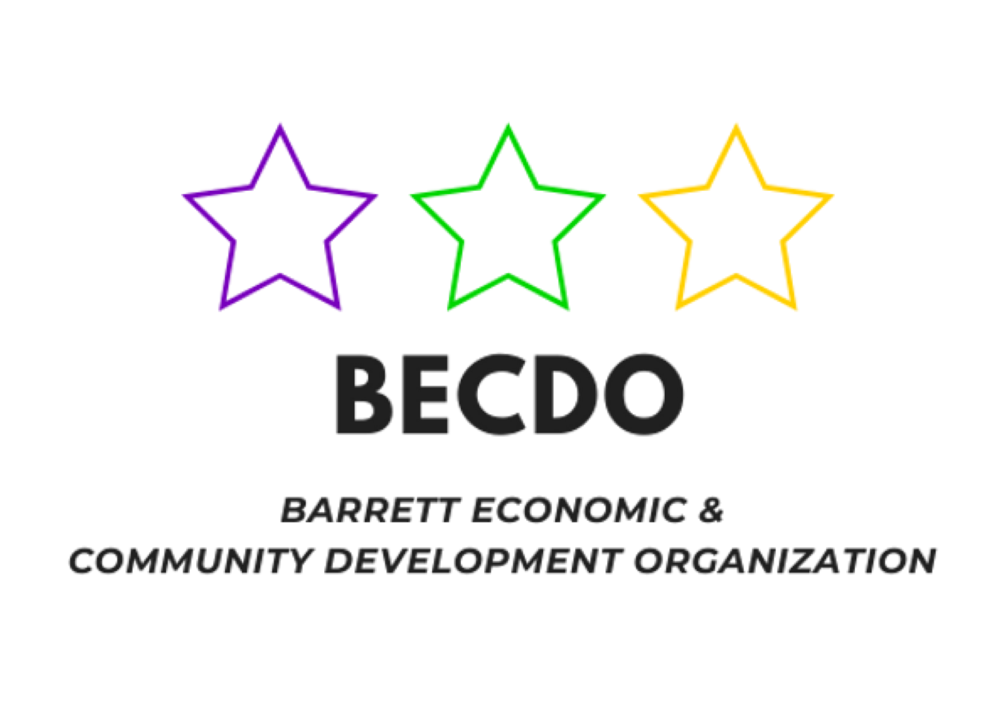 Logo of Barrett Economic & Community Development Organization (BECDO) with three stars in purple, green, and yellow.