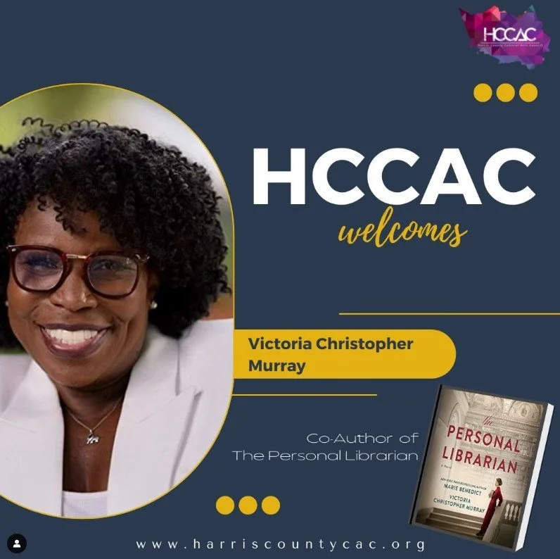 A promotional image for HCCAC welcoming Victoria Christopher Murray, co-author of "The Personal Librarian." It features her portrait and the book cover. Website: harriscountycac.org.